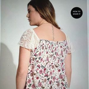 Cotton Modal Slub Smocked Bodice Lace Flutter Sleeve Babydoll Top